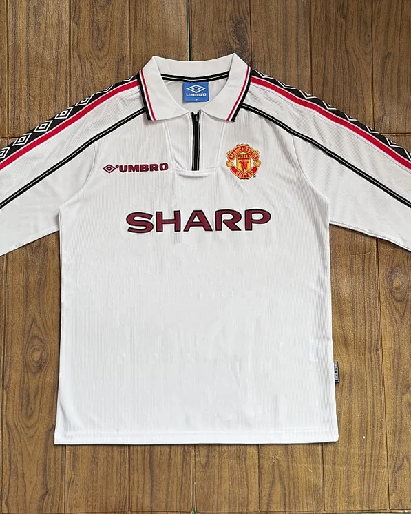 Camisola Retro Manchester United 1998/99 Comemorativa Branca Manga Comprida